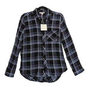 Beach Lunch Lounge Plaid Shirt XS Black Blue Back Button Tail Hem Top New